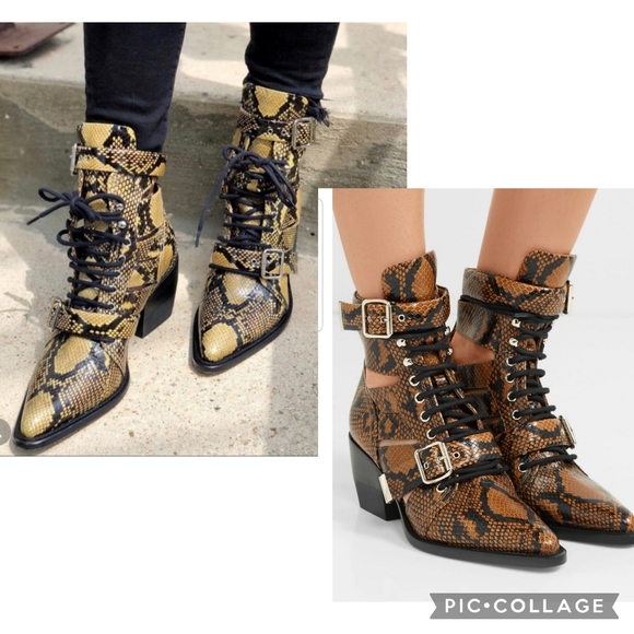 Brand New CHLOÉ Python-Embossed Leather cut out  Combat Boots - Picture 3 of 16